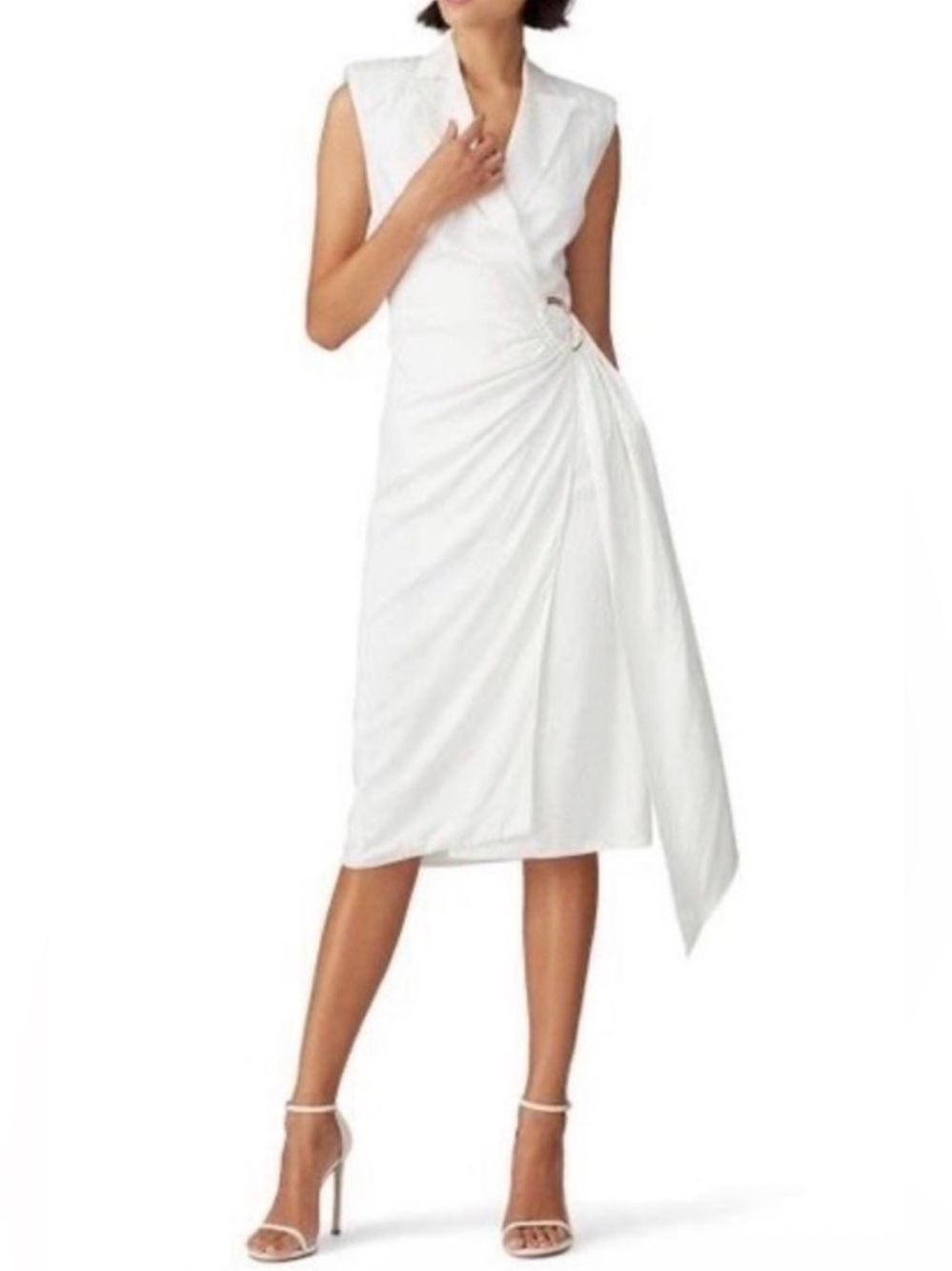 Jay Godfrey Gino Sleeveless Ivory Wrap Style Midi Dress w Gold Ring & Sash R5